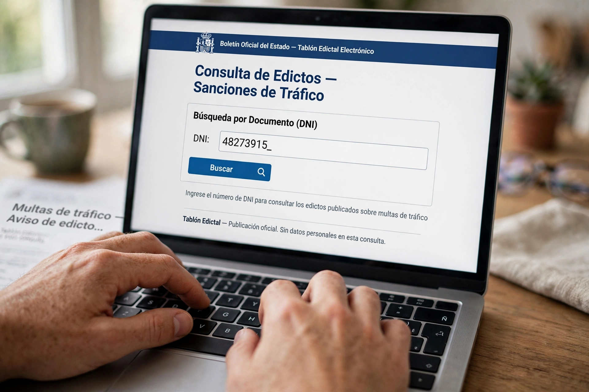 Manos escribiendo el DNI en un portátil para buscar edictos de multas de tráfico en el tablón oficial