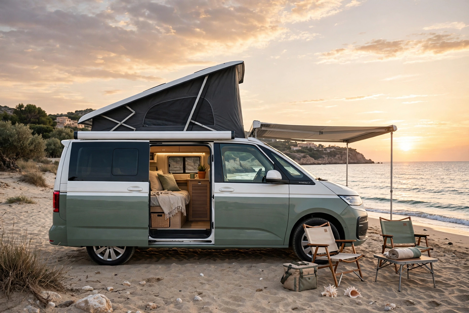Volkswagen California T7 camper con techo elevable en la playa al atardecer