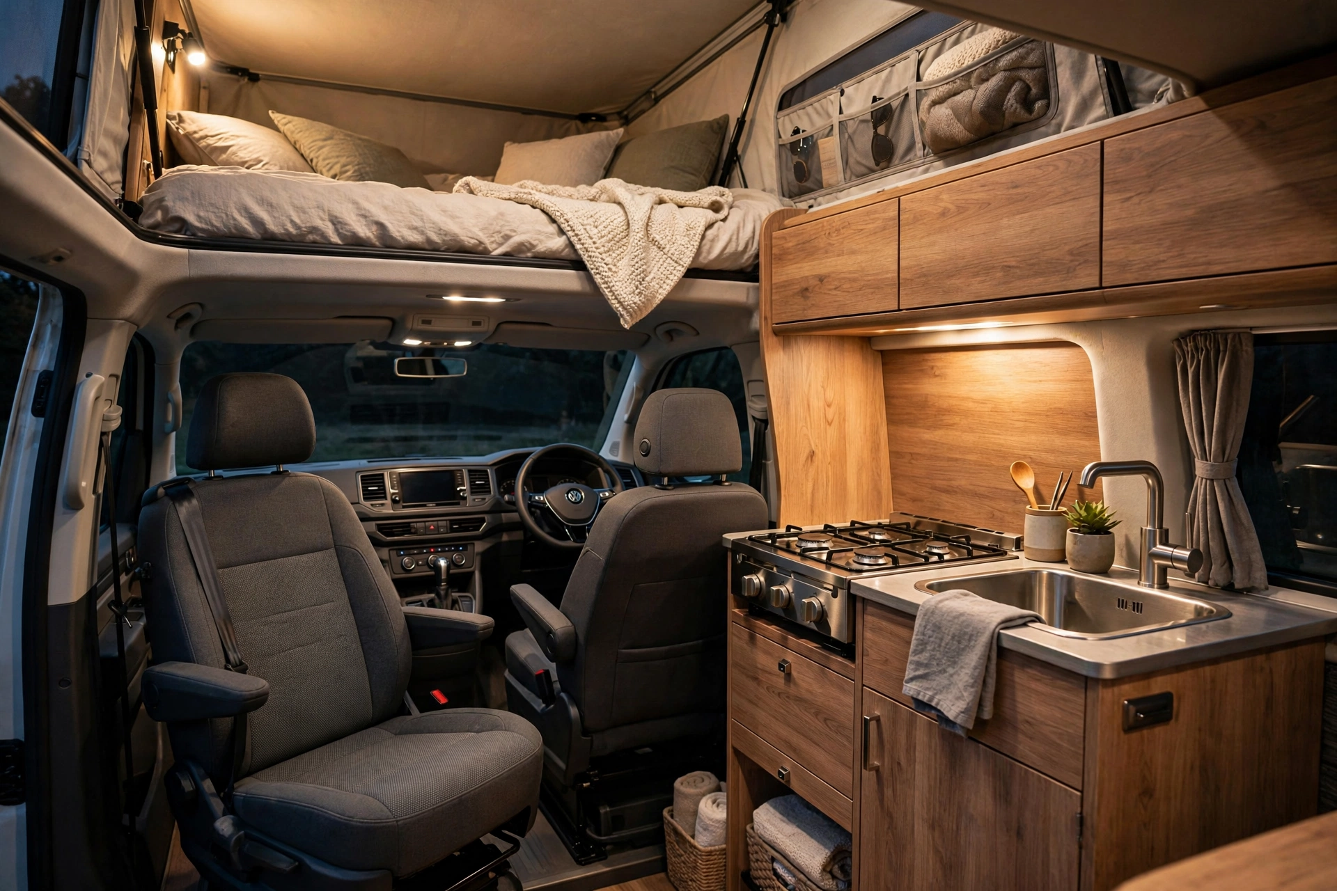 Interior camper de la Volkswagen California T7 con cocina