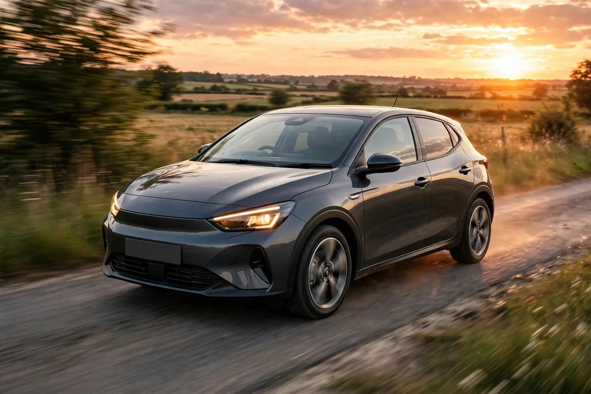 Volkswagen Golf gris oscuro circulando por una carretera secundaria al atardecer