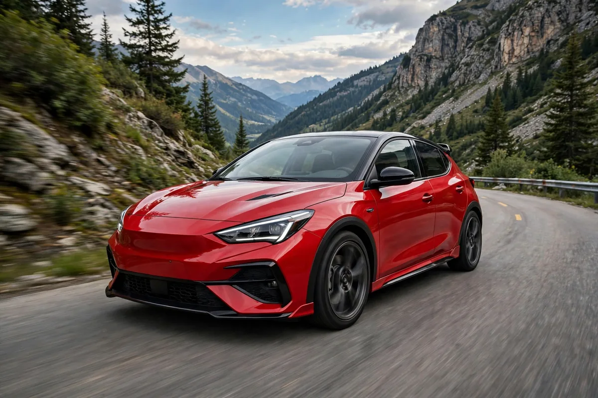 Volkswagen Golf GTE rojo circulando por carretera de montaña