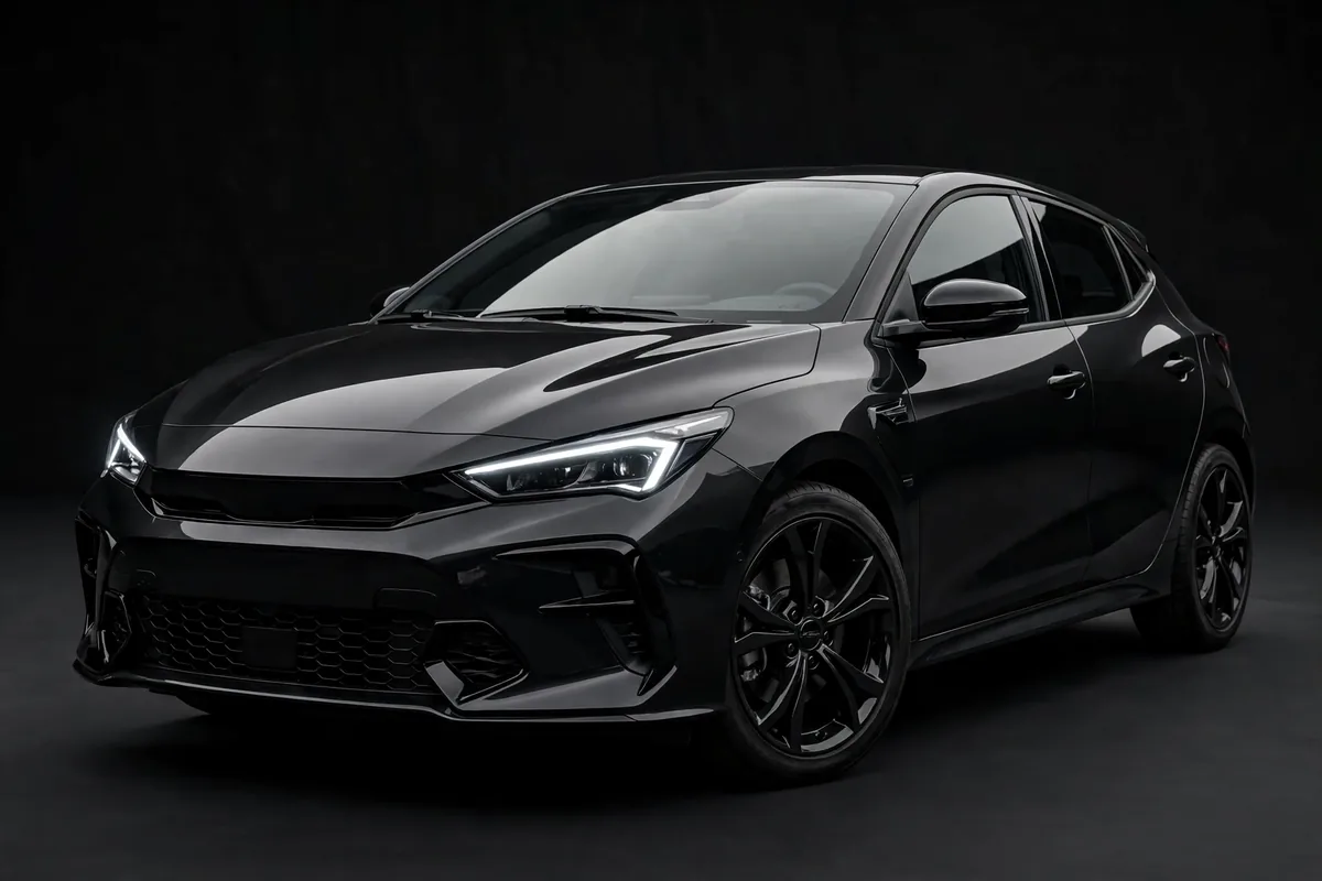 Volkswagen Golf GTE negro, vista tres cuartos delantera en estudio