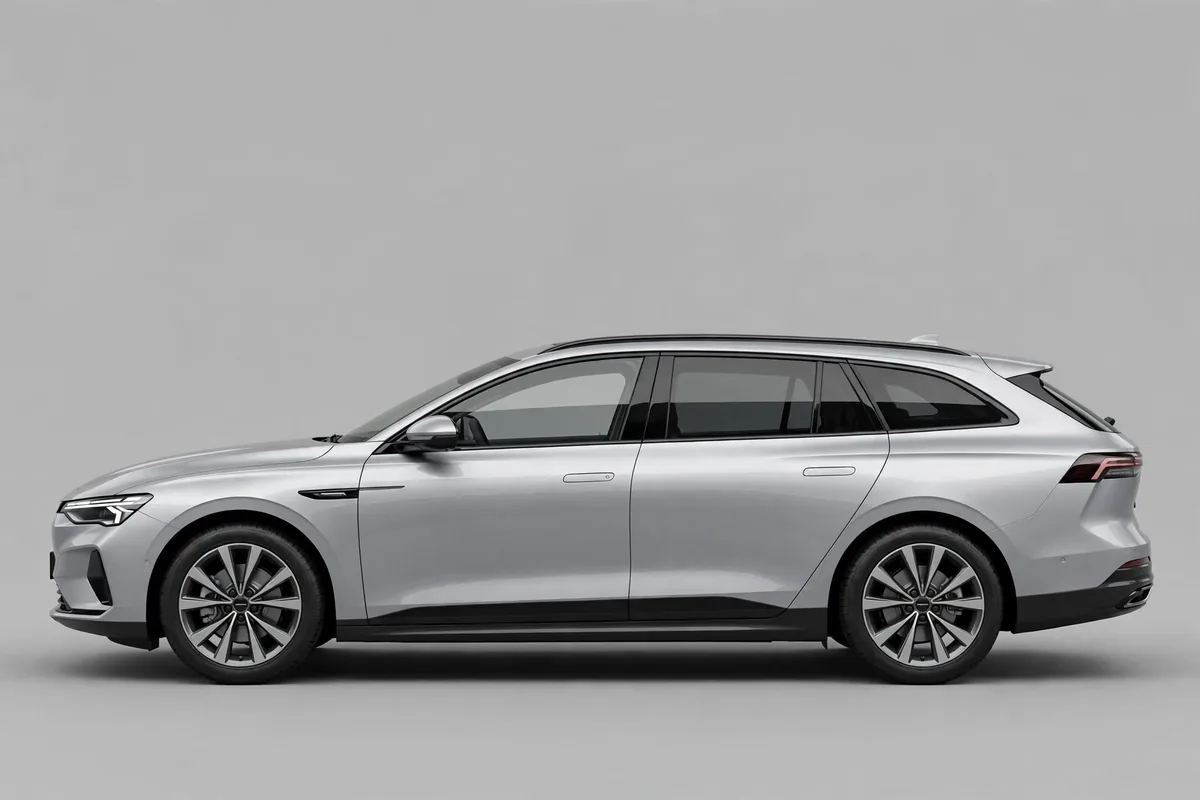 Volkswagen Golf Variant plateado, vista lateral en estudio