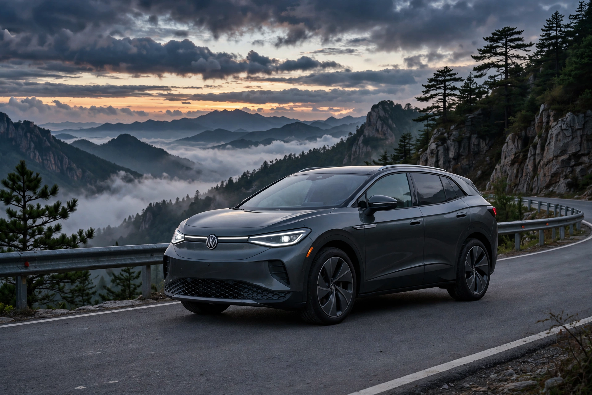 SUV eléctrico gris oscuro de estilo Volkswagen ID. circulando por una carretera de montaña al atardecer