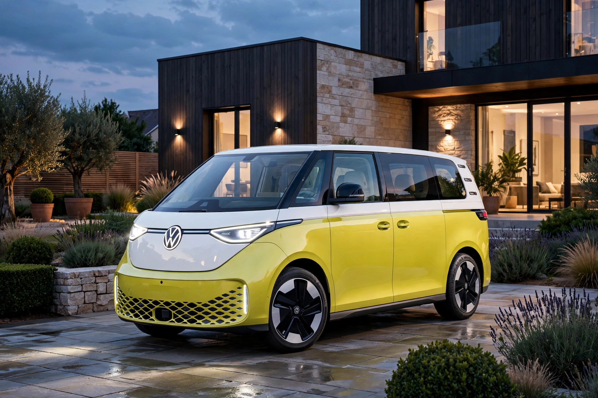 Volkswagen ID. Buzz bicolor amarillo y blanco al atardecer