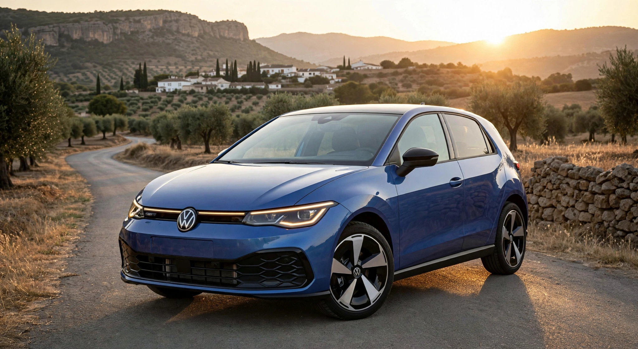 Volkswagen ID. Polo en tres cuartos delantero al atardecer, imagen editorial