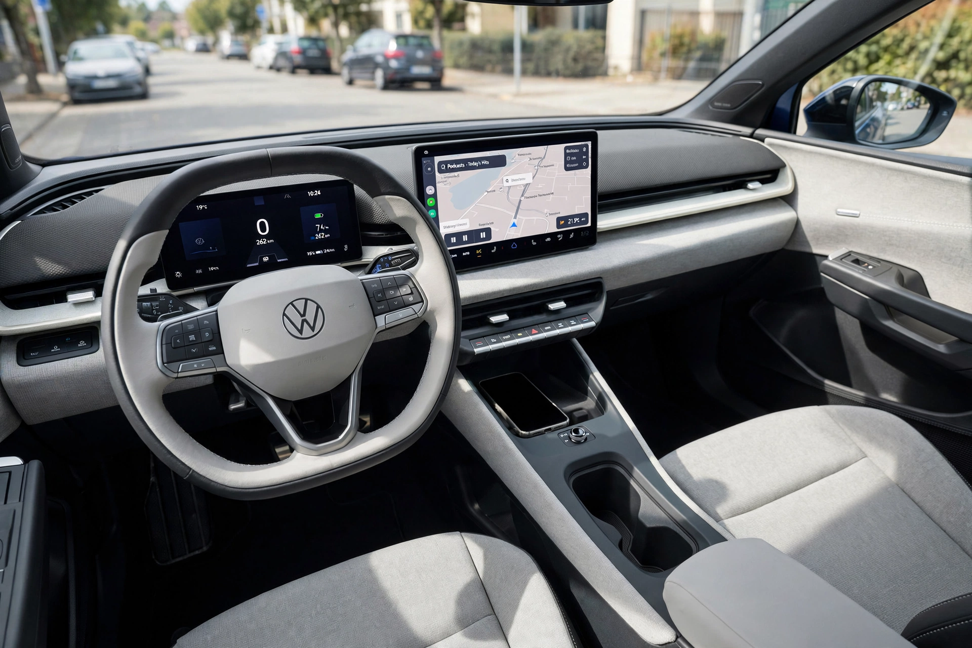 Interior del Volkswagen ID. Polo con pantalla táctil central, imagen editorial