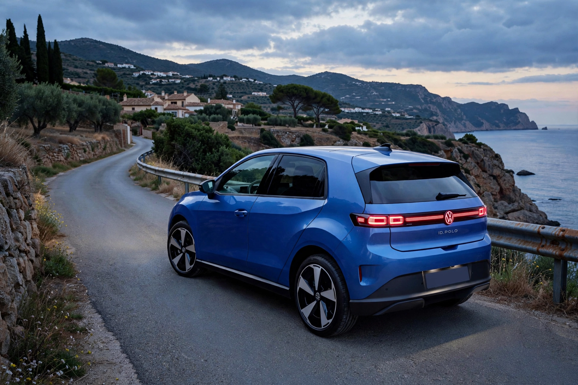 Volkswagen ID. Polo en tres cuartos trasero mostrando su firma lumínica, imagen editorial