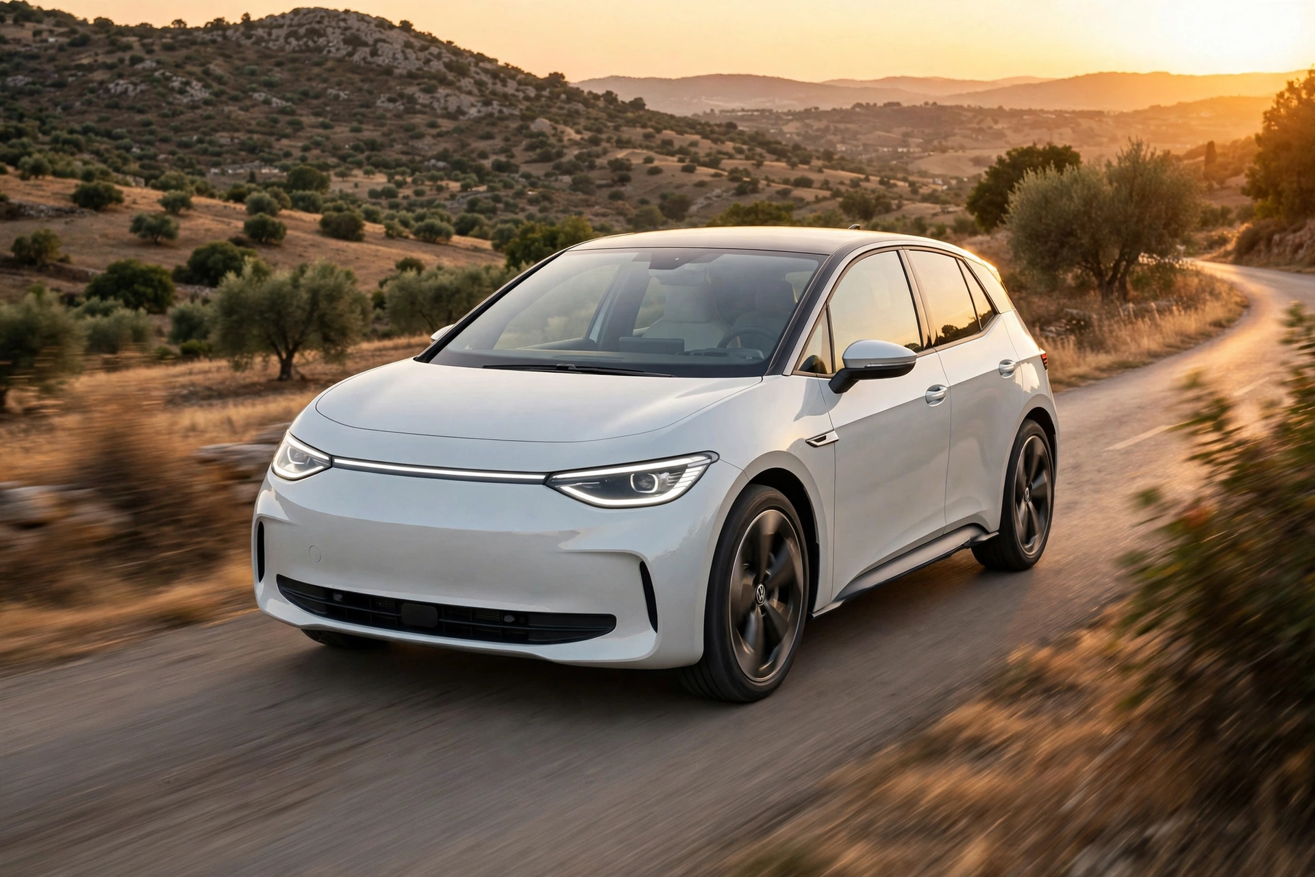 Volkswagen ID. Polo eléctrico blanco circulando por una carretera española al atardecer