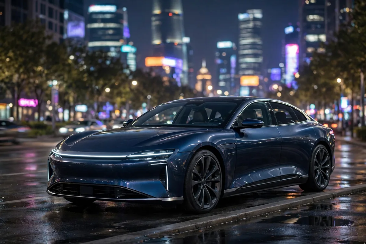 Gran berlina eléctrica fastback azul oscuro de más de cinco metros en una avenida de Shanghái de noche