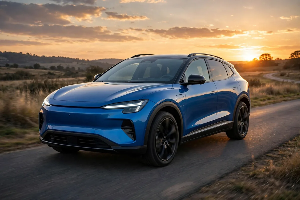 Volkswagen ID.4 azul circulando por carretera al atardecer