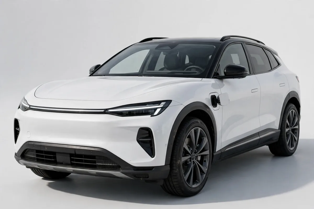 Volkswagen ID.4 blanco, vista tres cuartos delantera en estudio