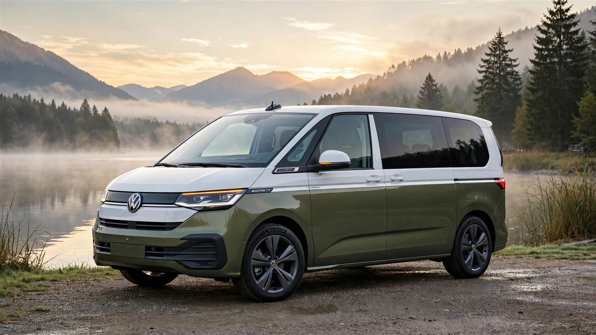 Volkswagen Multivan T7 bicolor junto a un lago al amanecer