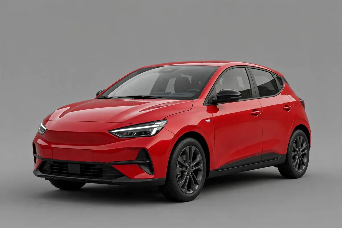 Volkswagen Polo rojo, vista tres cuartos delantera en estudio