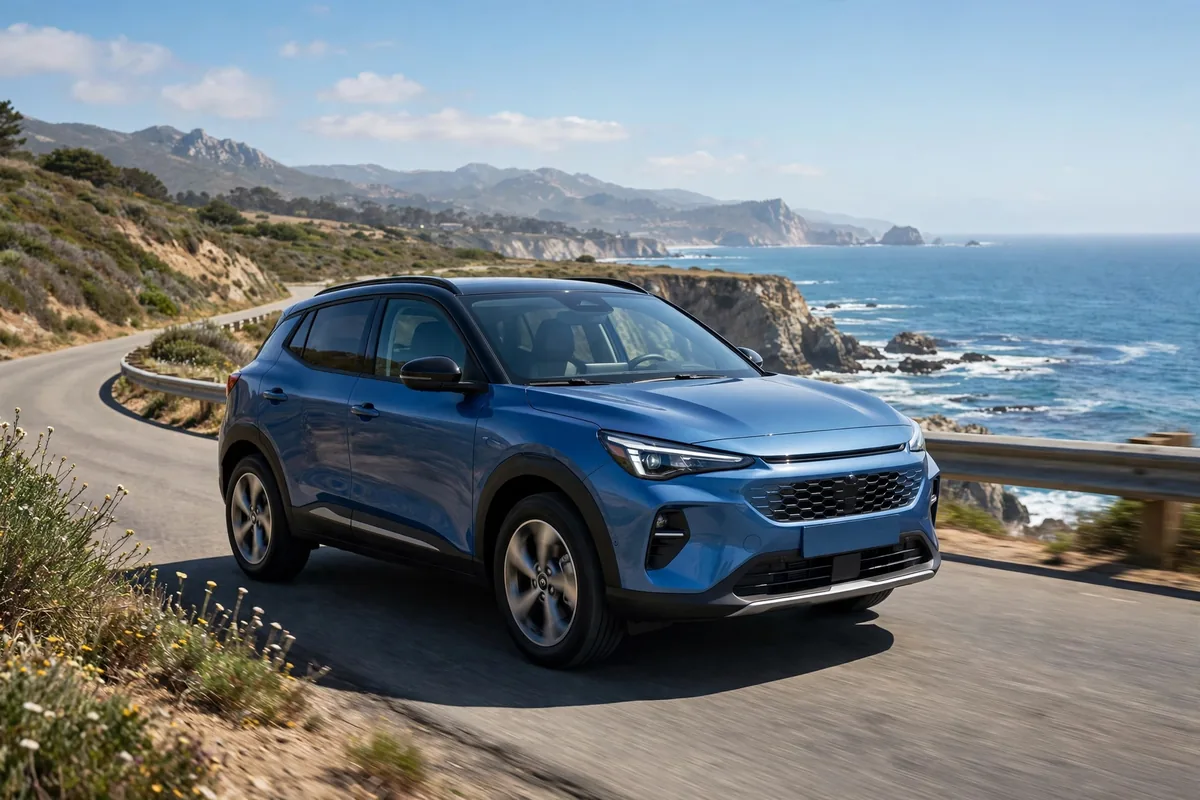 Volkswagen T-Roc 2026 azul circulando por una carretera de costa
