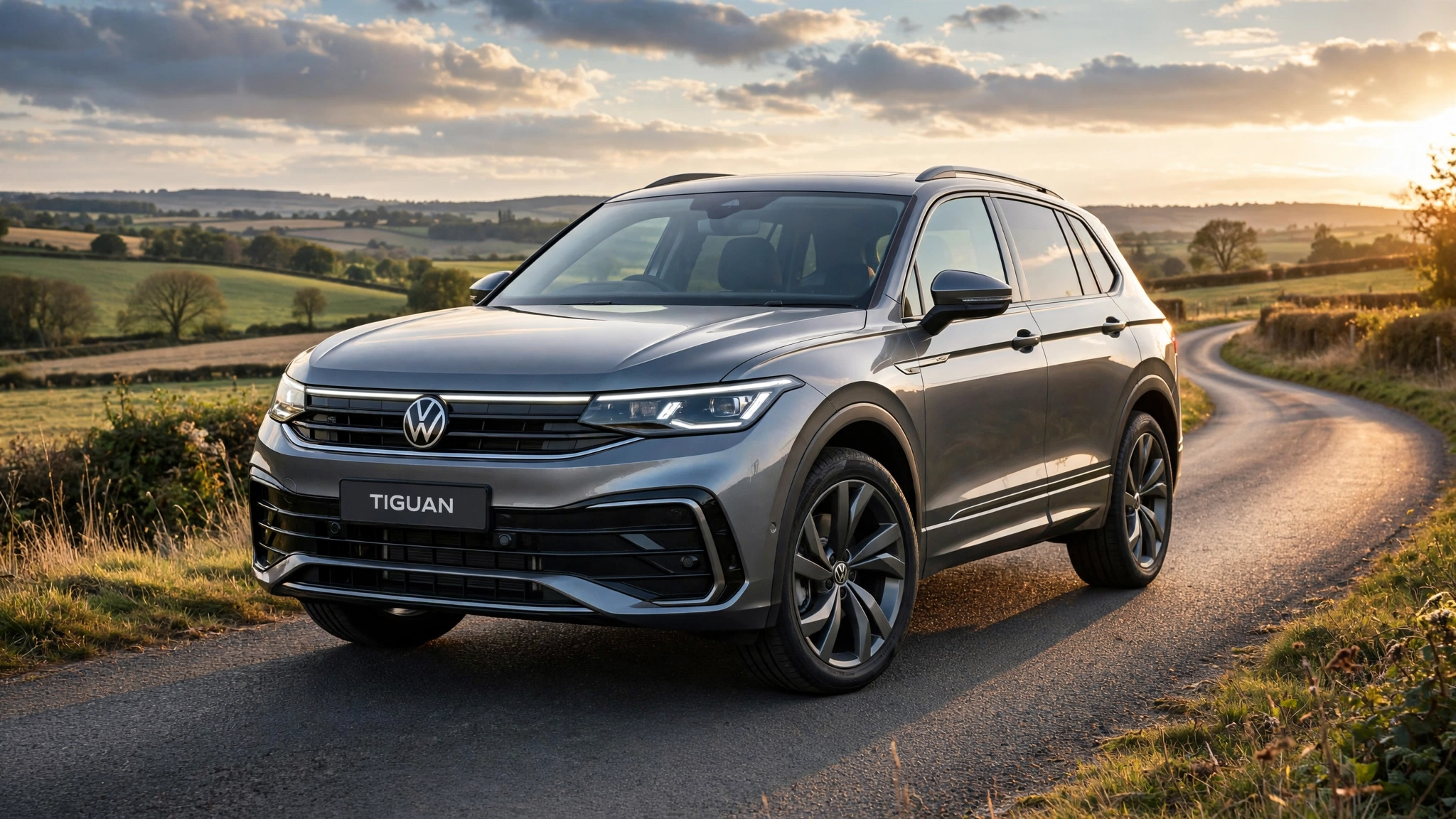 Volkswagen Tiguan gris circulando por una carretera rural al atardecer