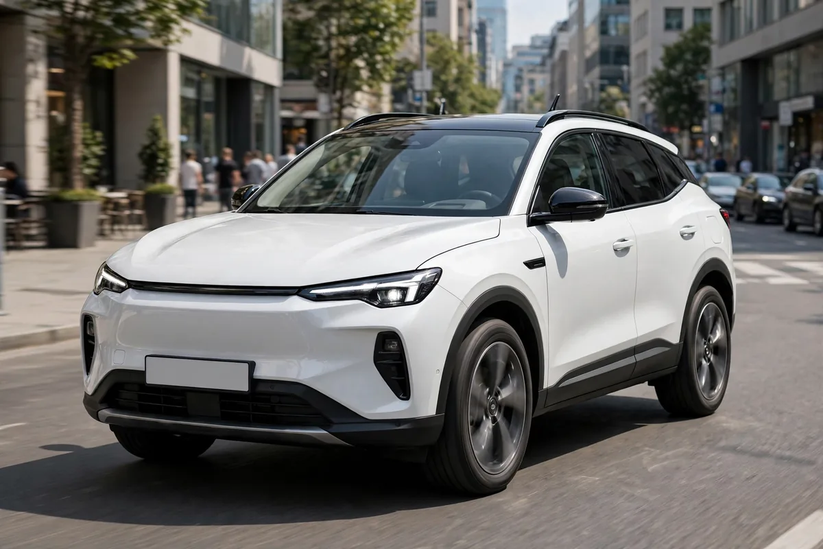 Volkswagen Tiguan eHybrid blanco circulando por ciudad