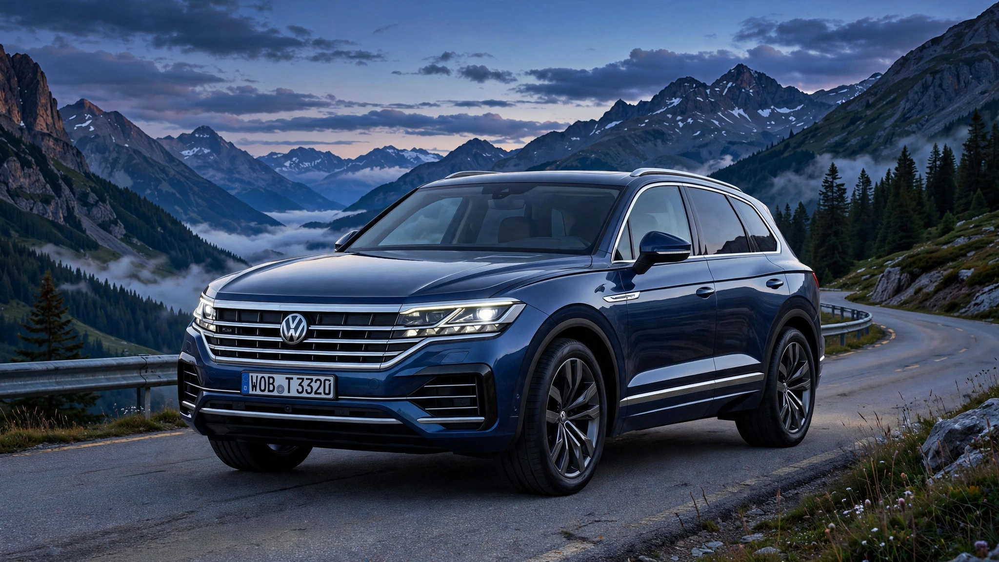 Volkswagen Touareg en carretera de montaña al atardecer