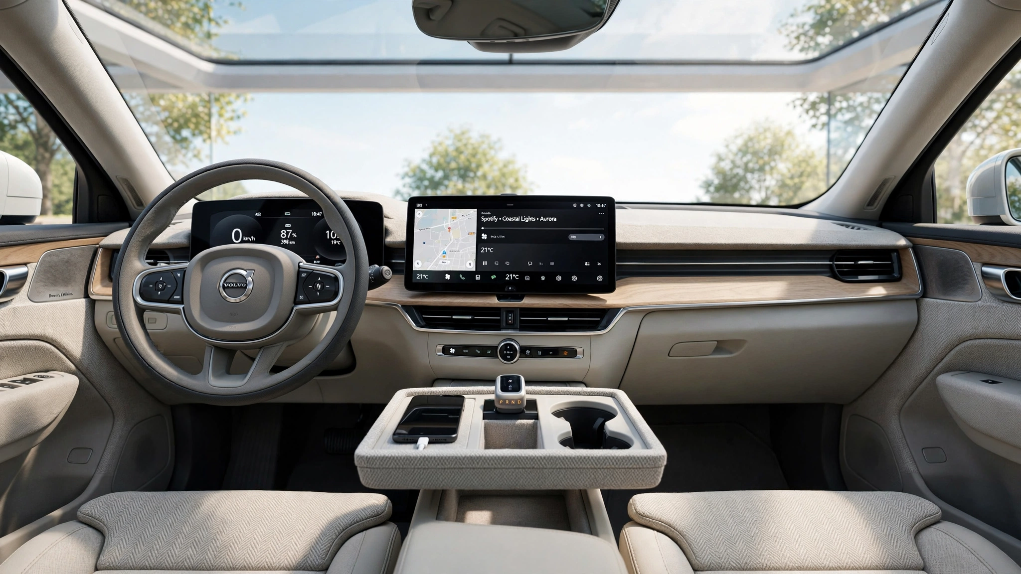 Interior del Volvo EX60 con pantalla horizontal
