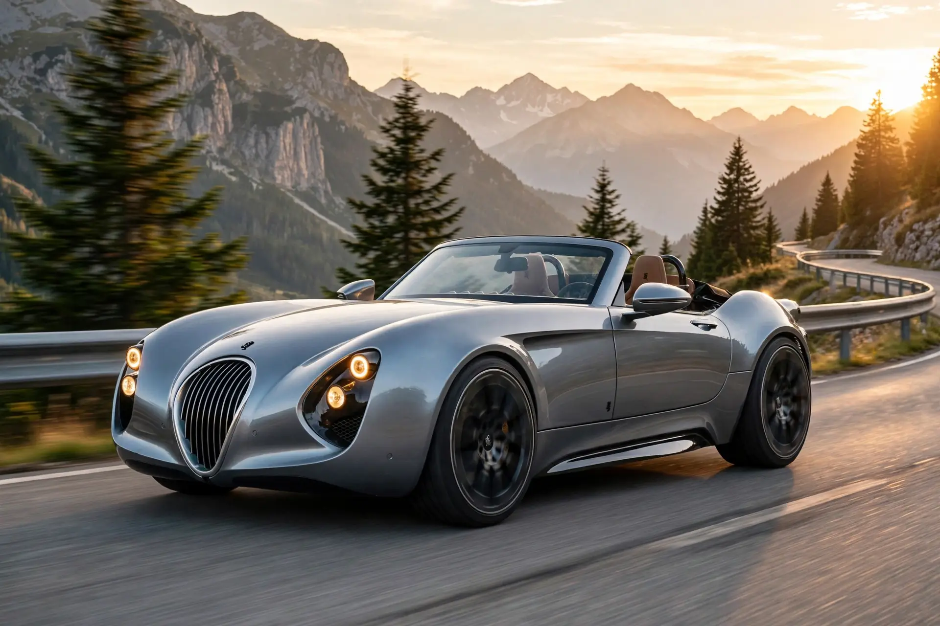 Wiesmann Project Thunderball, tres cuartos delantero en carretera de montaña al atardecer