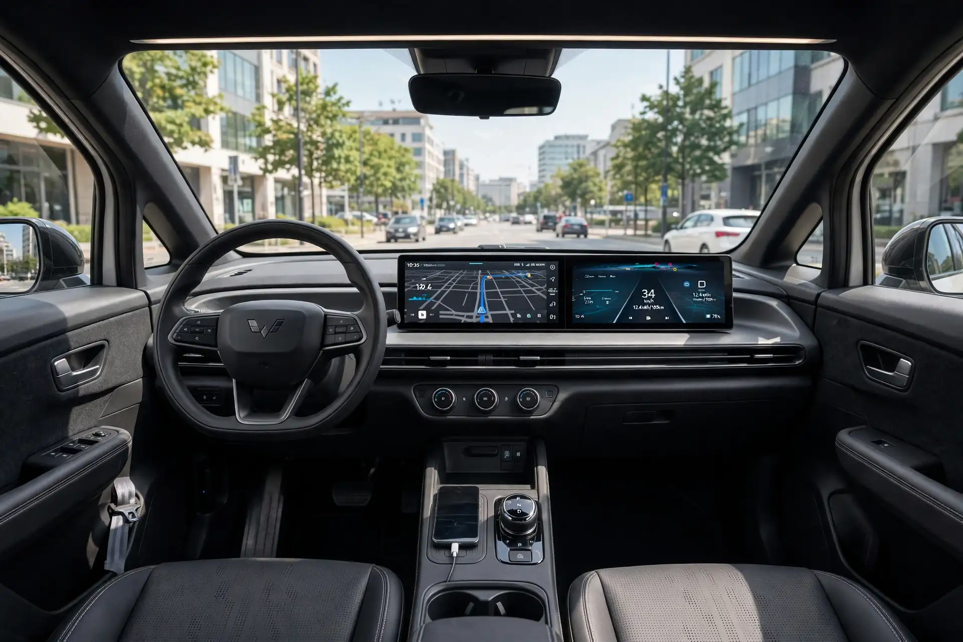 Interior futurista del Wuling Air EV con doble pantalla