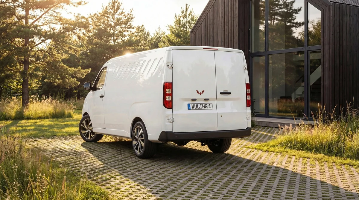 Wuling Atlas eléctrico blanco, vista trasera de tres cuartos con el logo de Wuling en el portón