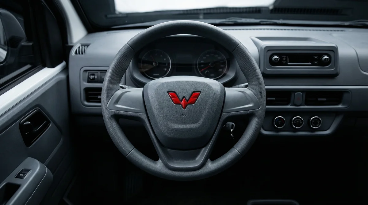 Interior del Wuling Atlas, puesto de conducción con volante con logo Wuling y radio 1DIN