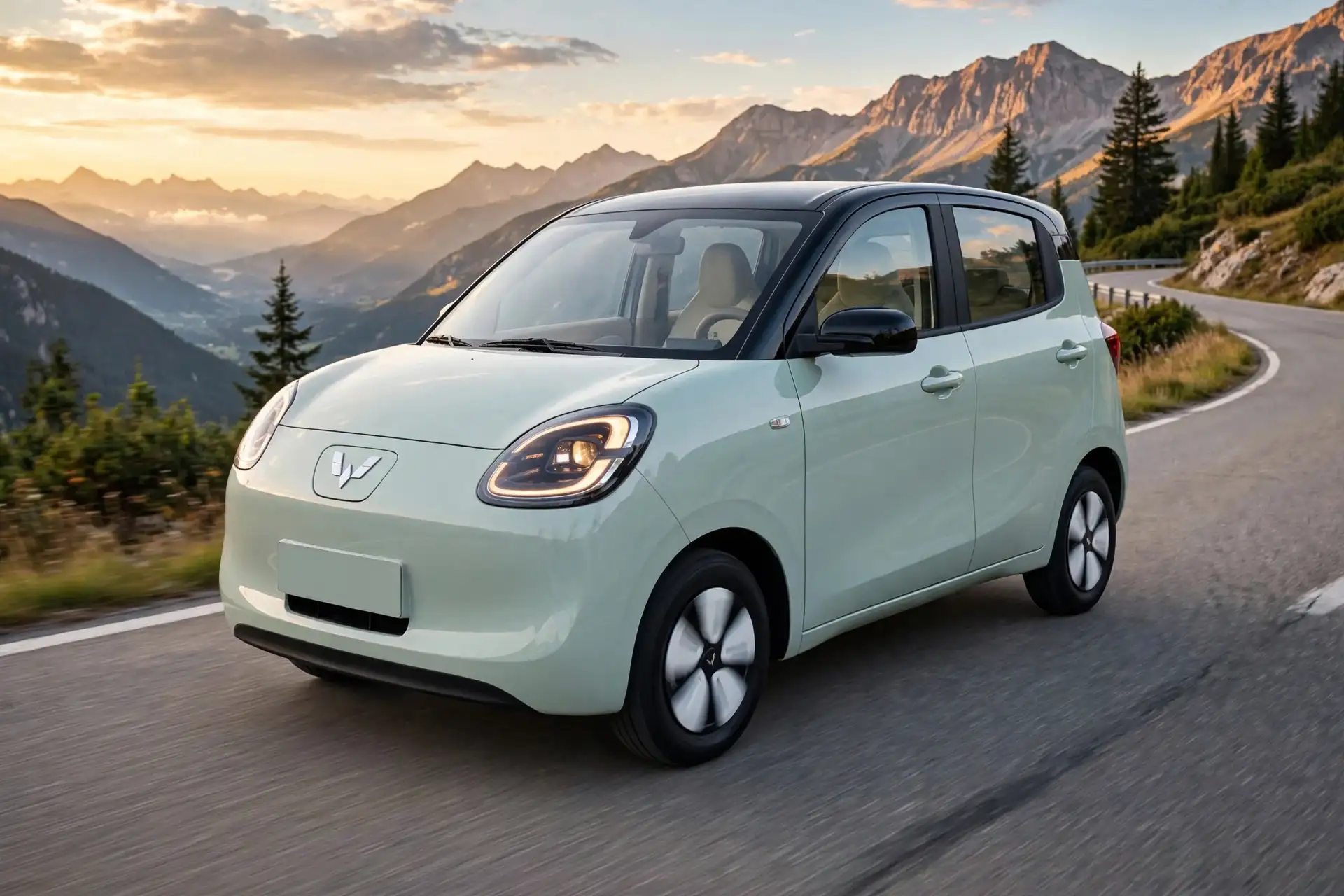 Wuling Hongguang Mini EV de 4 puertas en carretera de montaña
