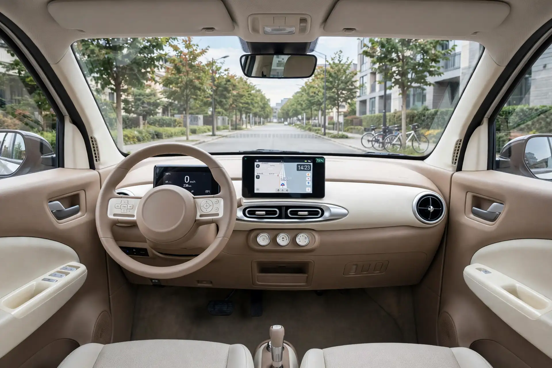 Interior del Wuling Hongguang Mini EV con pantalla central