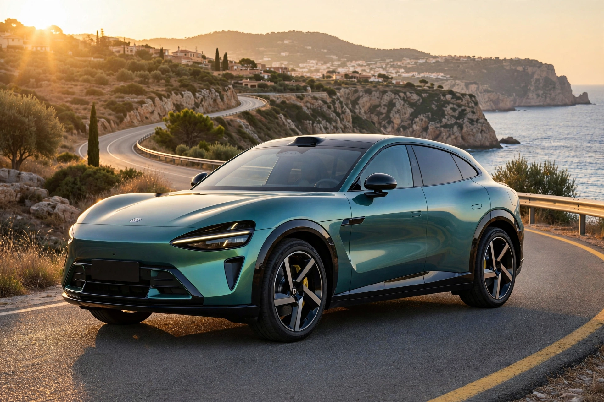 SUV eléctrico Xiaomi YU7 de color verde azulado circulando por una carretera de costa española a la hora dorada