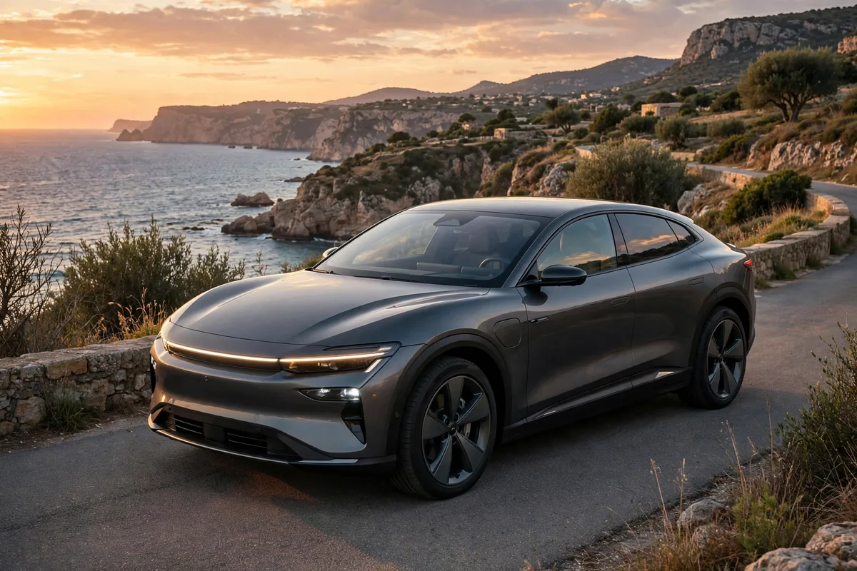 XPeng G6 gris oscuro en carretera costera al atardecer