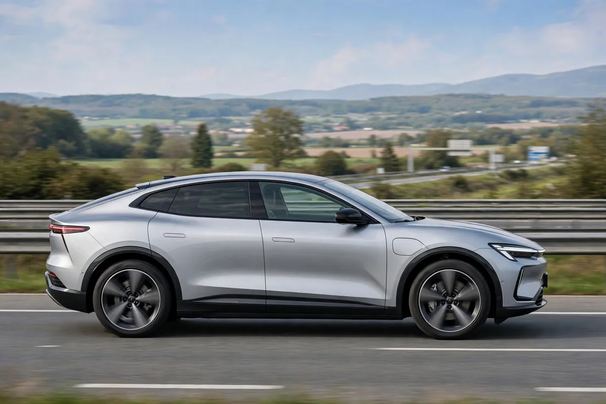 XPeng G6 plateado de perfil en autopista europea