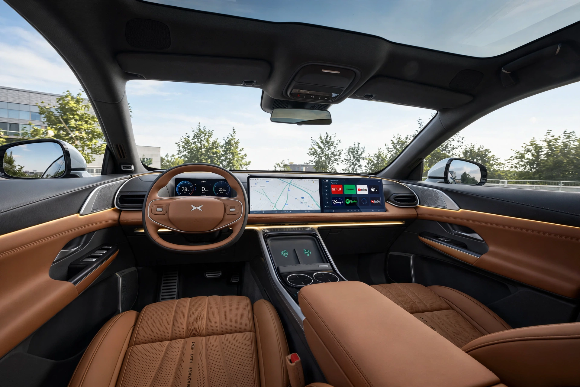 Interior del XPeng G9 2026, salpicadero con doble pantalla y asientos de cuero