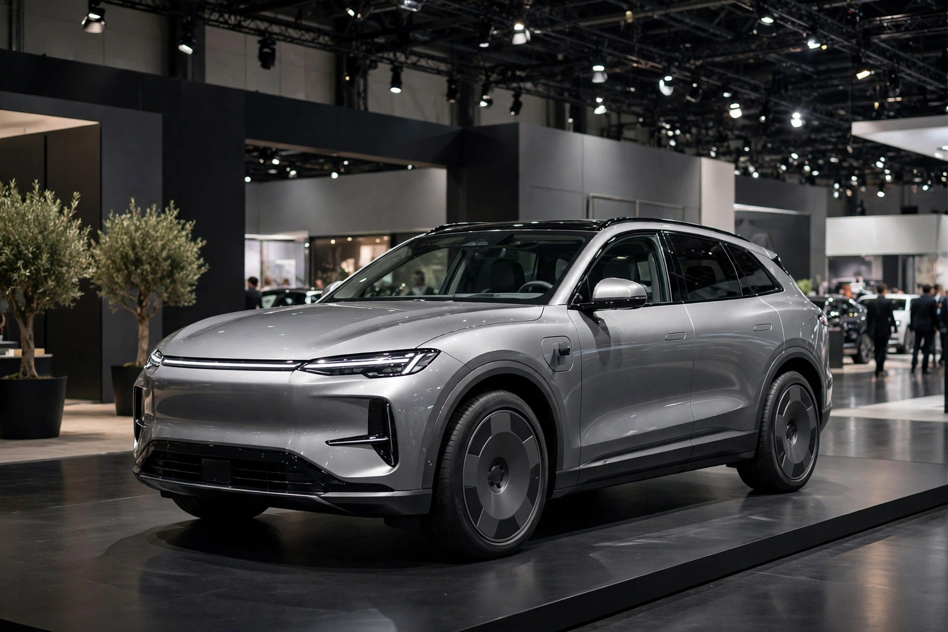SUV premium eléctrico gris plata expuesto en un stand del Salón del Automóvil de París
