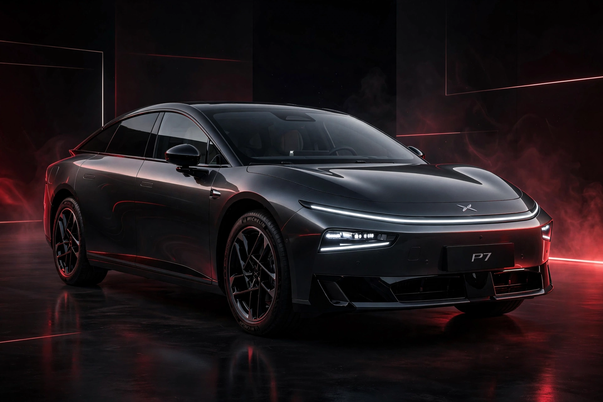 XPeng P7 berlina eléctrica negra en estudio, vista tres cuartos delantera