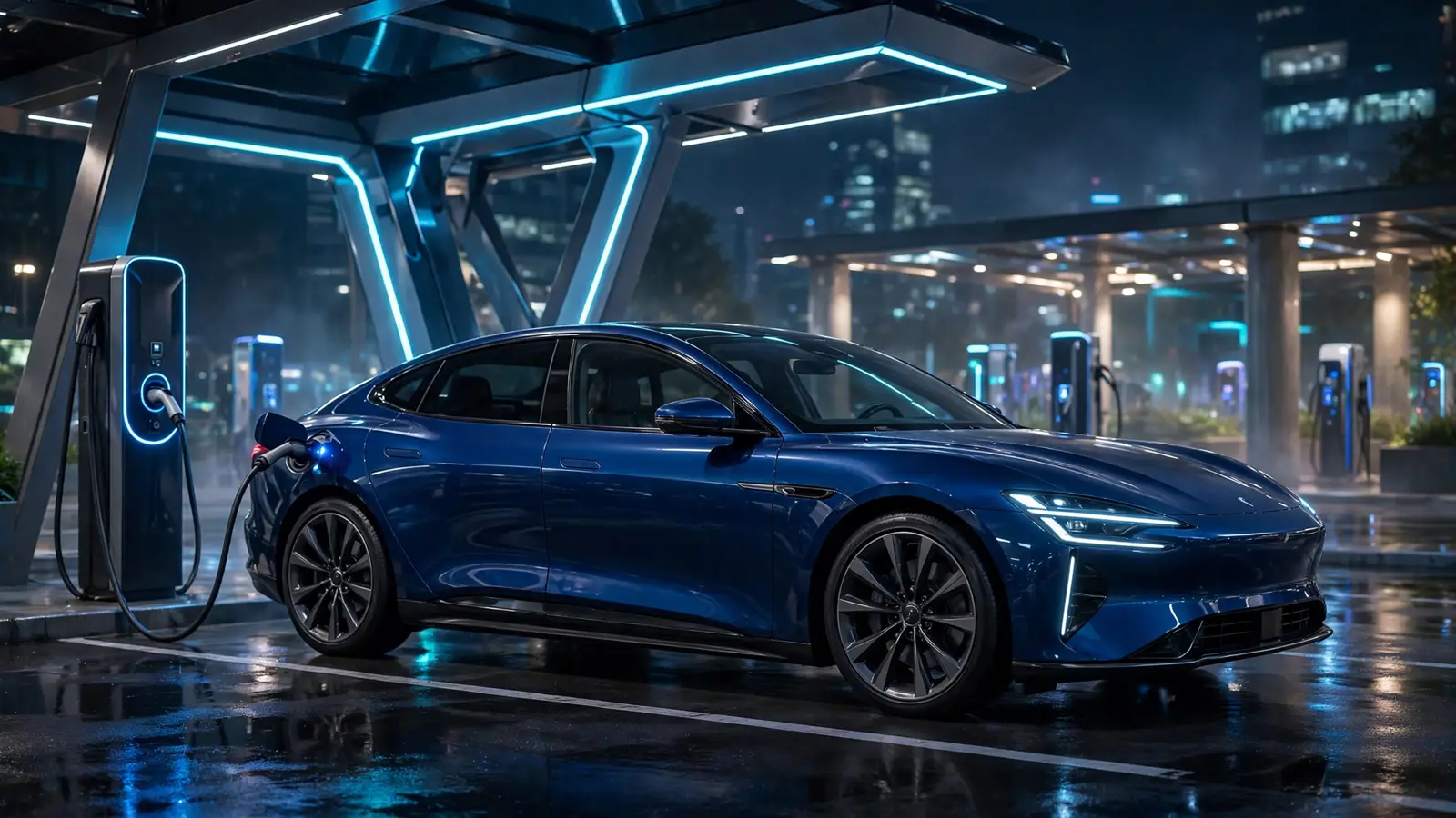 Berlina eléctrica premium azul oscuro cargando en una estación de carga ultrarrápida de noche