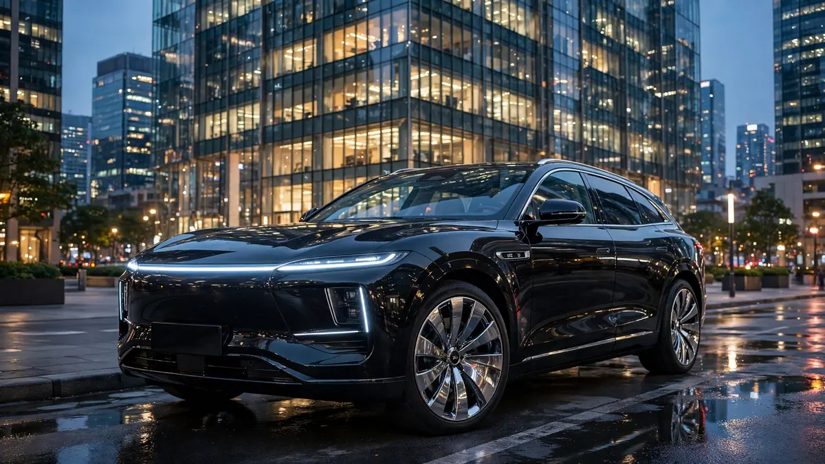 SUV eléctrico de lujo chino de gran tamaño aparcado frente a rascacielos de cristal al anochecer