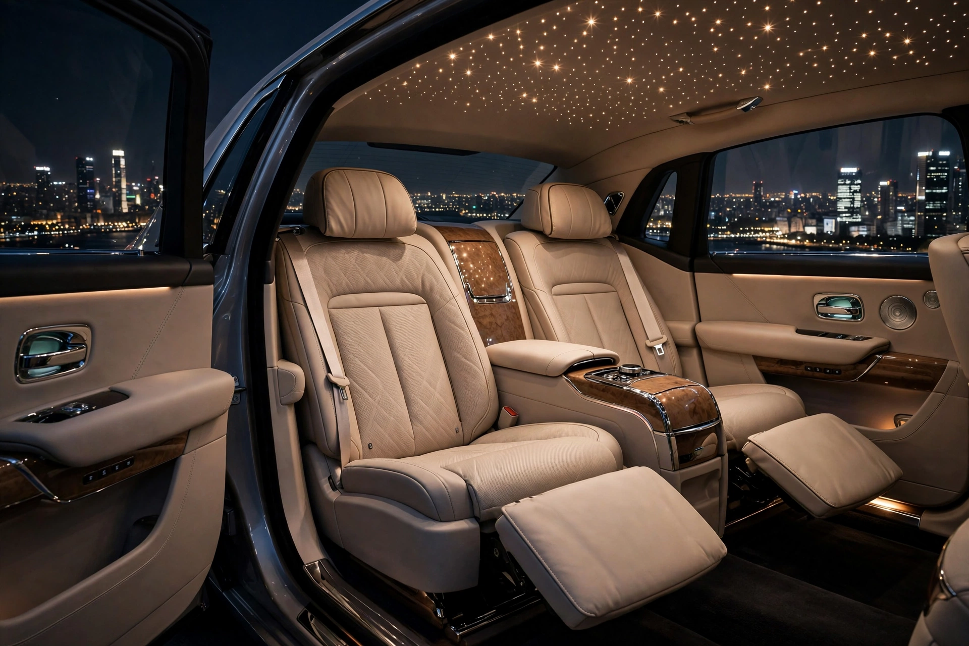 Interior de lujo de una berlina ejecutiva china con asientos traseros individuales y techo estrellado