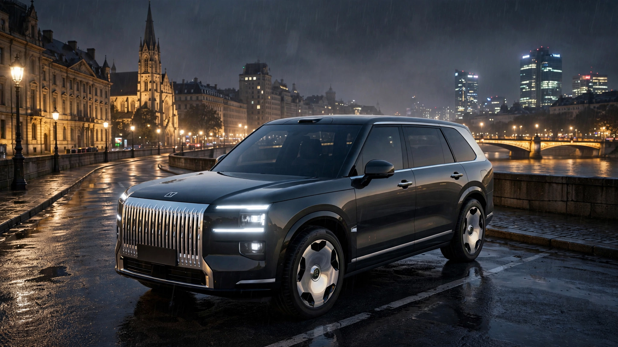 SUV de lujo chino Zeekr 9X de color oscuro aparcado de noche en una ciudad europea