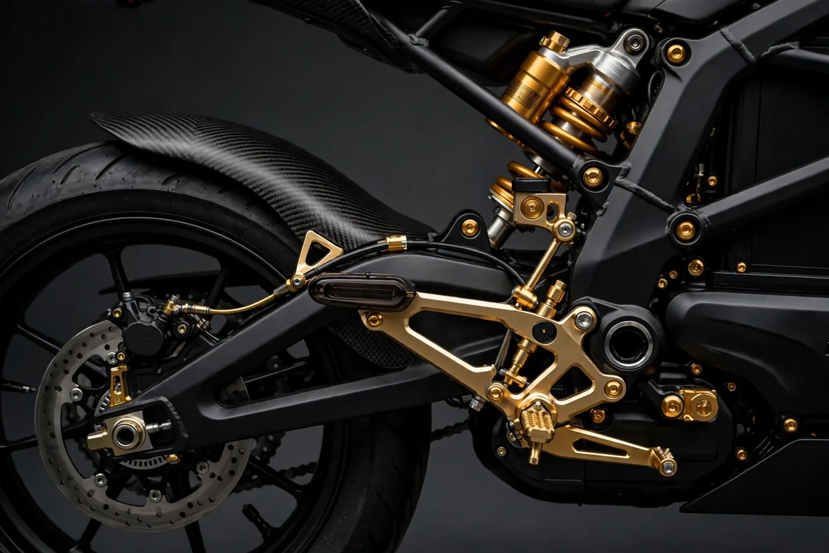Detalle lateral de moto eléctrica negra con componentes dorados mecanizados y guardabarros de carbono