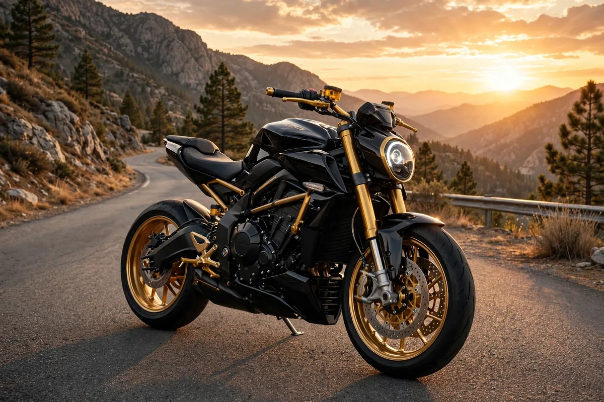Moto eléctrica naked negra con detalles dorados, edición limitada de aniversario, en carretera de montaña al atardecer